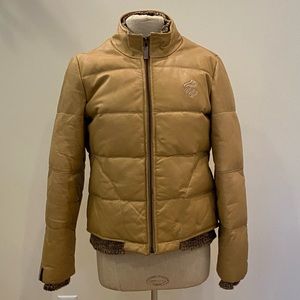 Rocawear Vintage Unisex Tan Leather Down Filled Puffer Jacket /Embroidery/Size L